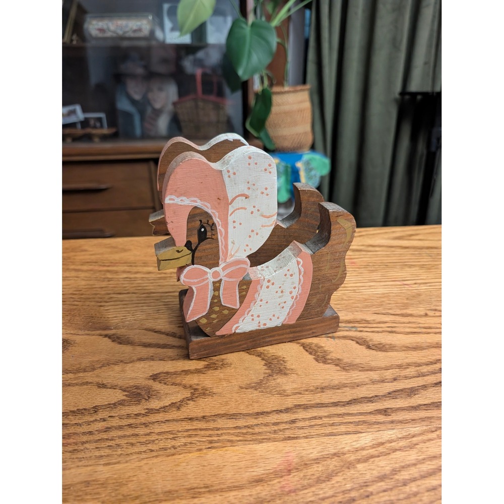 Vintage Hand Painted Wooden Duck Napkin Holder Pink Bonnet Folk Art Decor